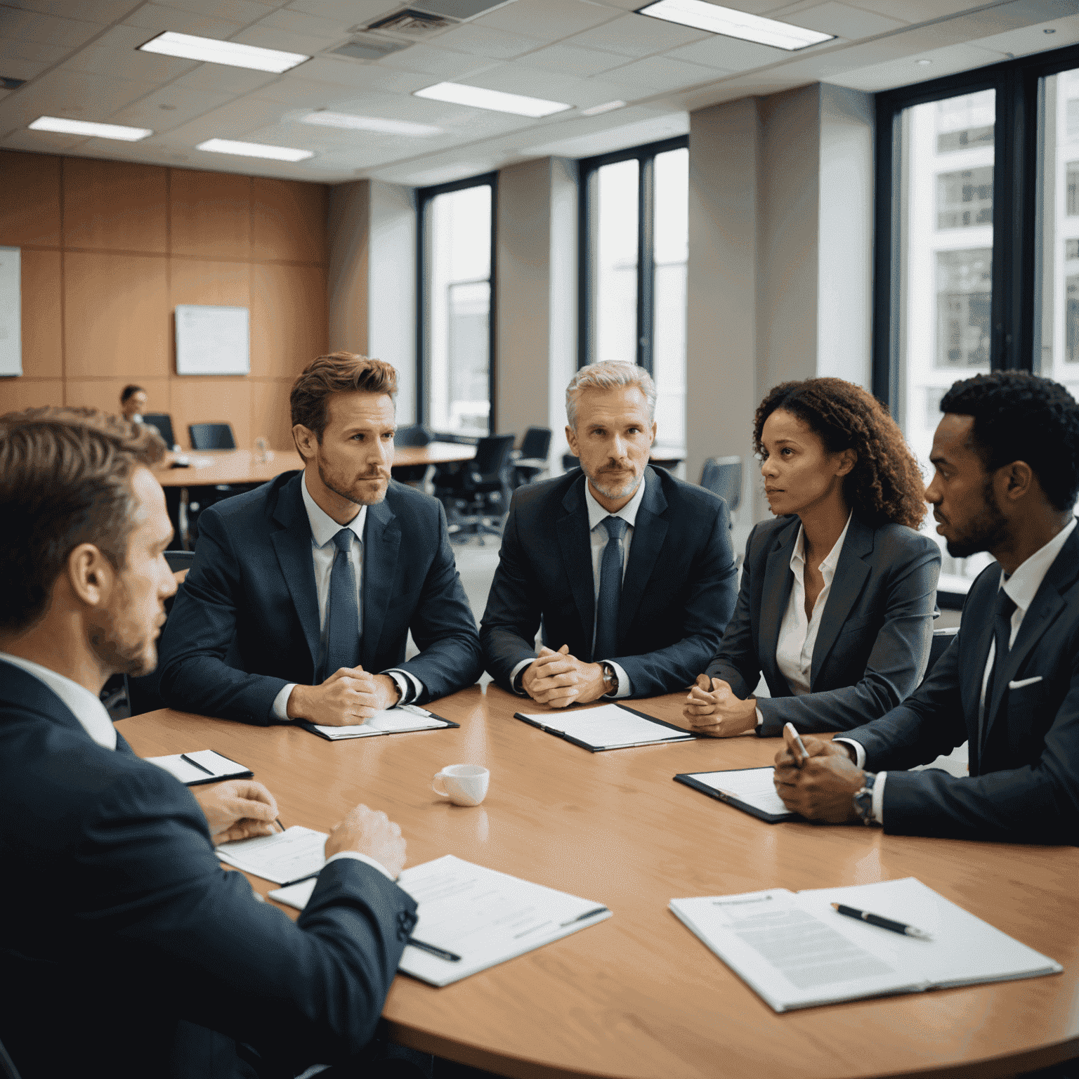 A group of business professionals discussing strategies in a conference room