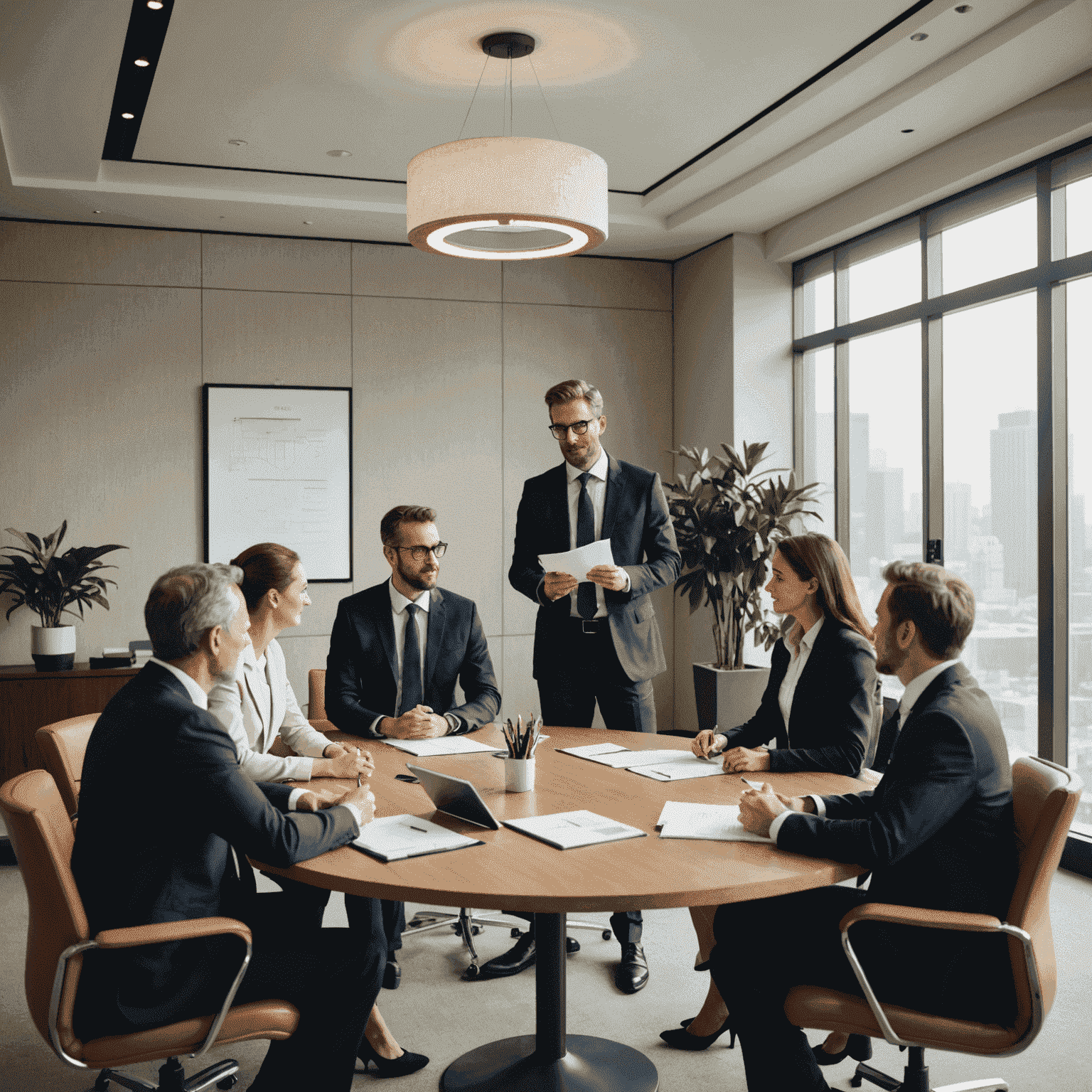 A group of business professionals in a meeting room discussing strategies and plans