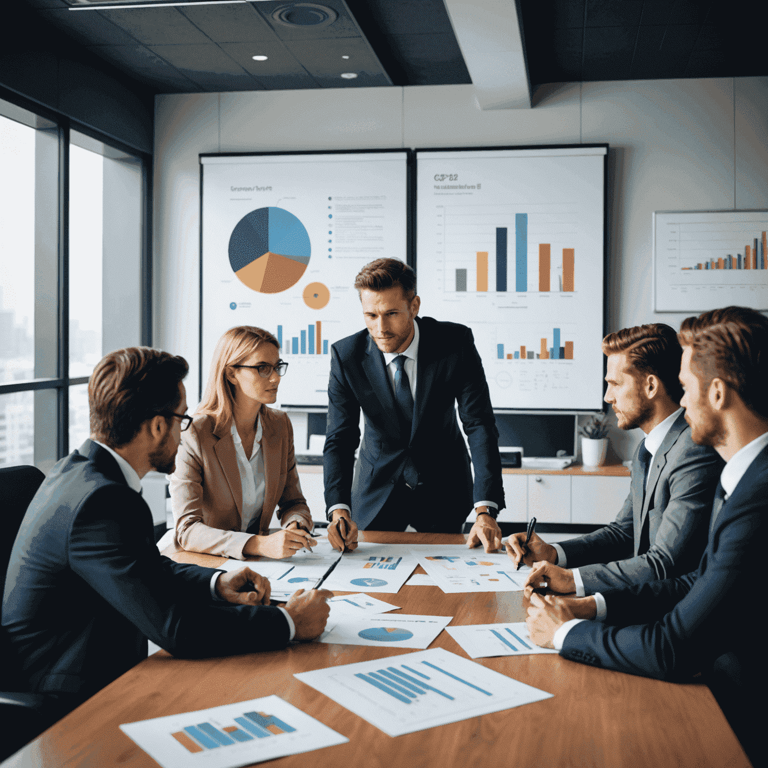 A group of business professionals discussing a strategic plan around a conference table, with charts and graphs displayed on a screen behind them.