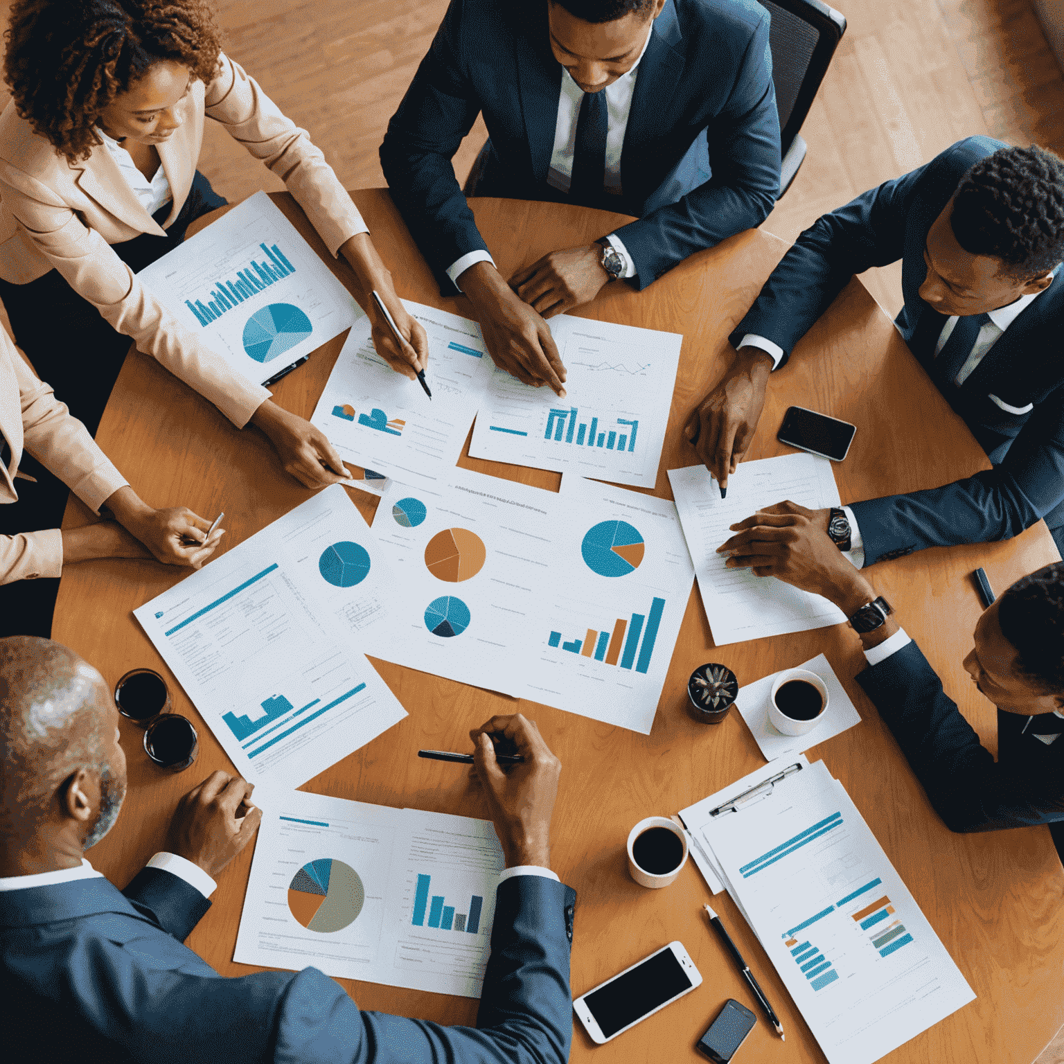 A group of business professionals gathered around a conference table, engaged in strategic planning discussions. Charts, graphs, and documents are spread out on the table as they collaborate on developing a comprehensive plan for their company's future growth and success in the South African market.