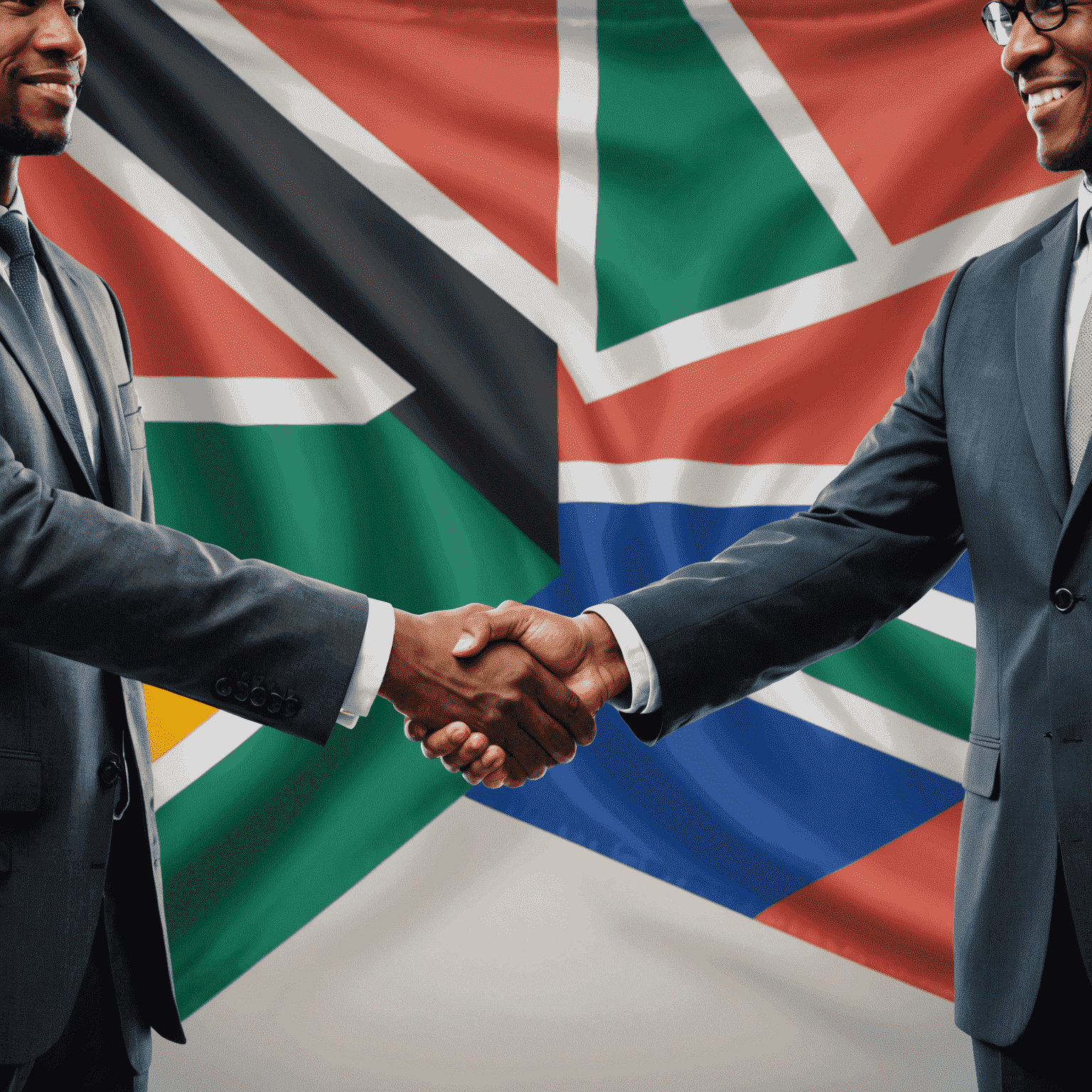 Businesspeople shaking hands in front of the South African flag, representing successful business partnerships in the country