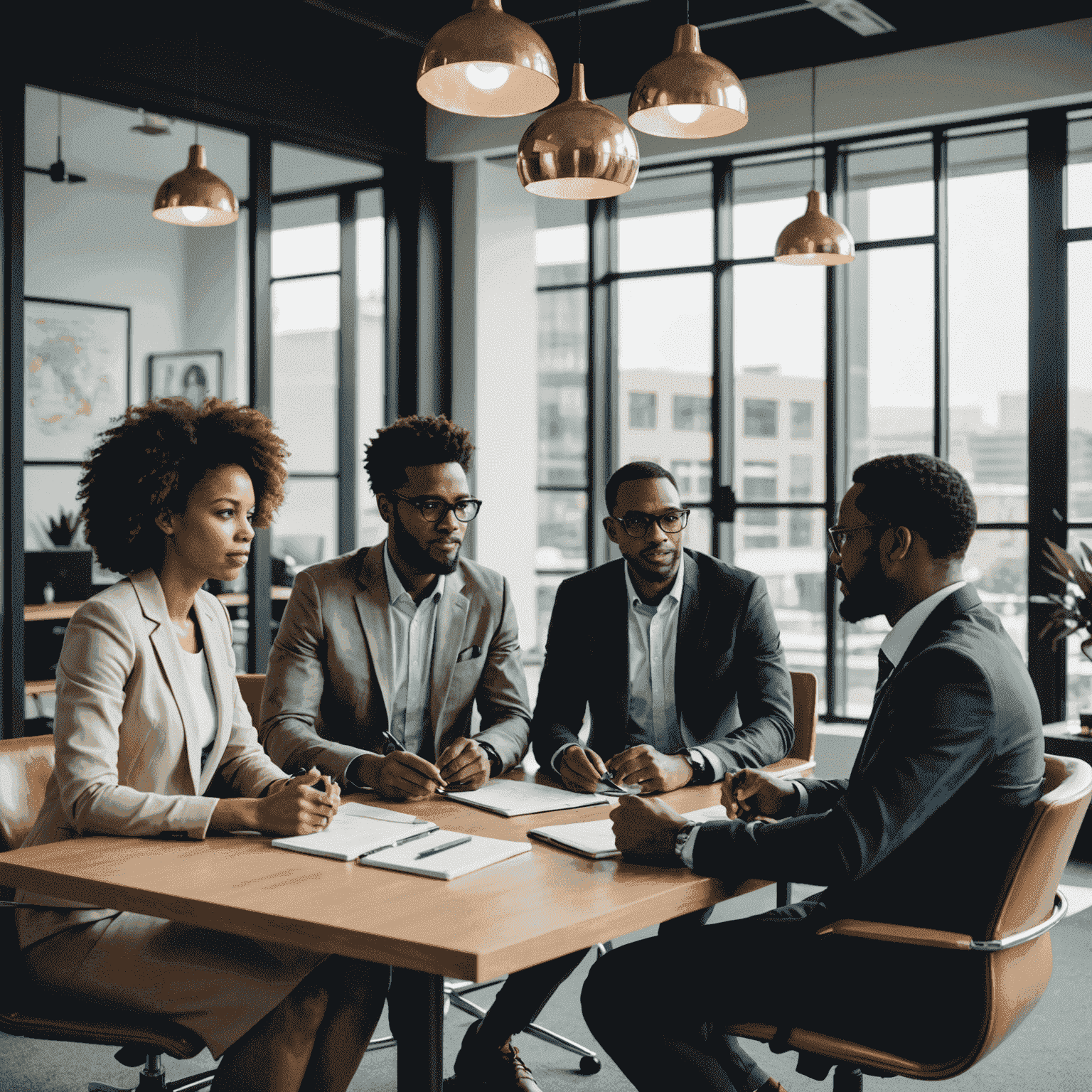 A group of business professionals discussing trends and strategies in a modern office setting in South Africa