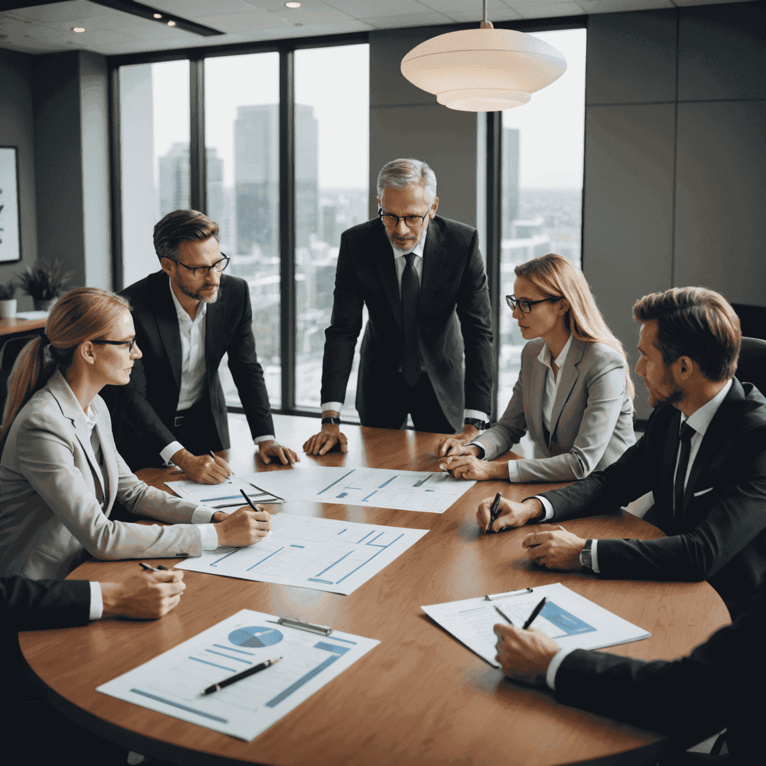 A group of business professionals discussing a strategic plan around a conference table