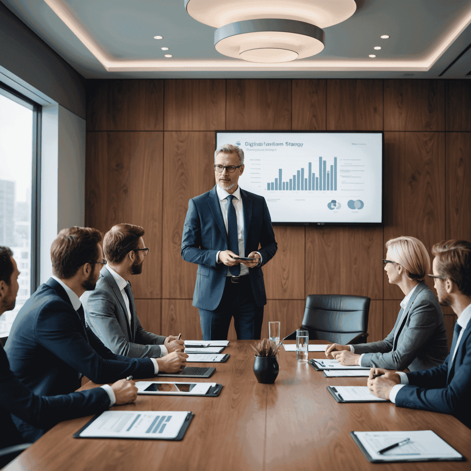 A consultant presenting a digital transformation strategy to a group of executives in a boardroom