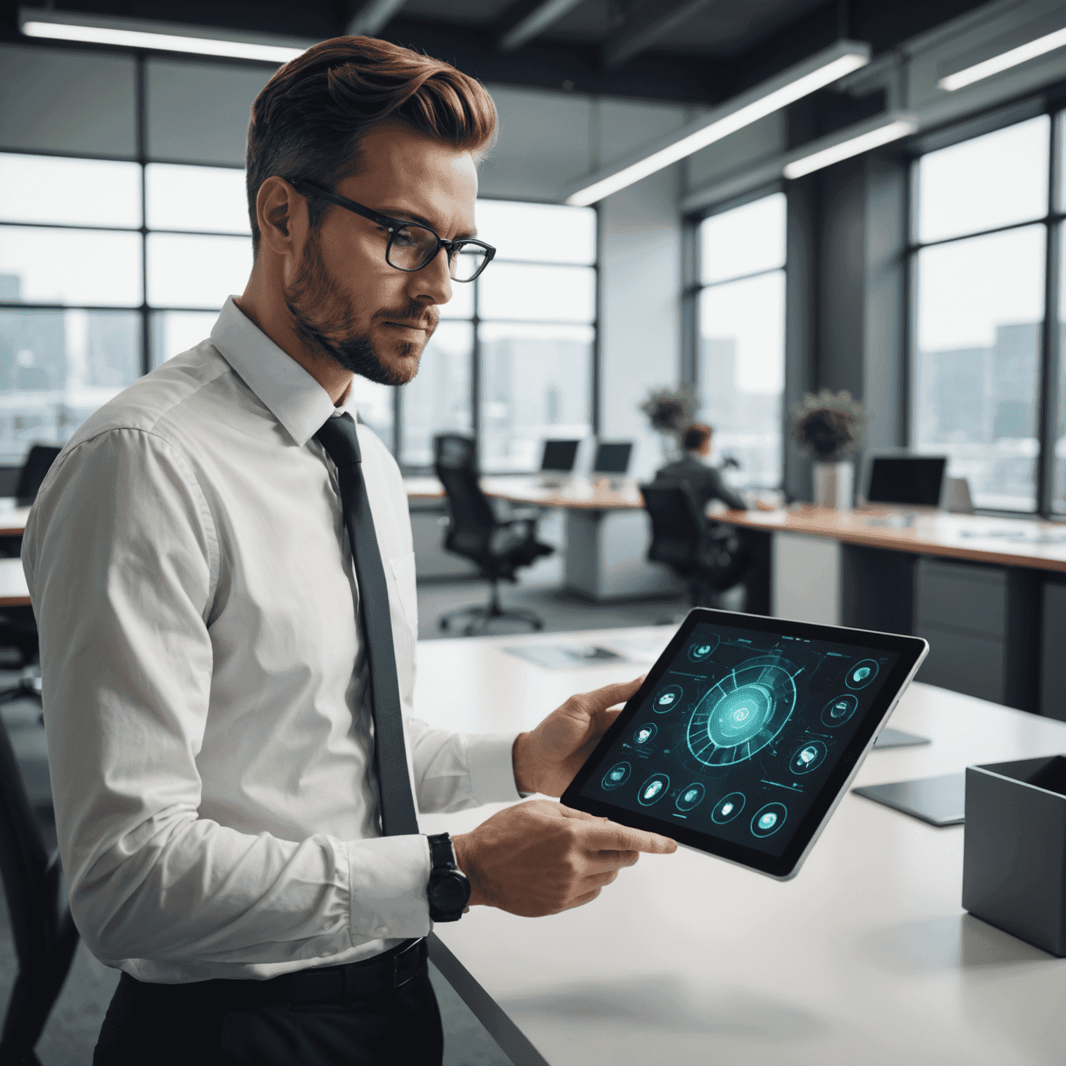 A person using a tablet to control automated systems in a modern office setting.