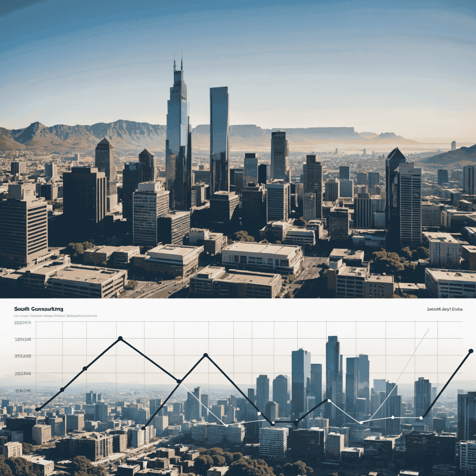 A line graph showing upward trends in business consulting, with a cityscape of South Africa in the background.