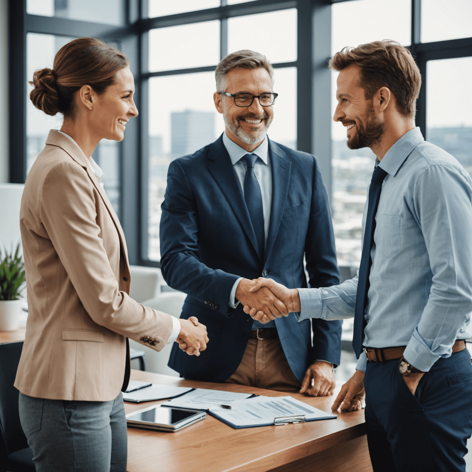 Happy business owners shaking hands with a consultant, with their successful business in the background.